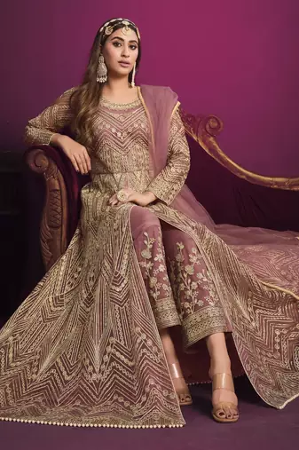 Pink embroidery net anarkali suit