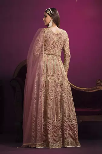 Pink embroidery net anarkali suit