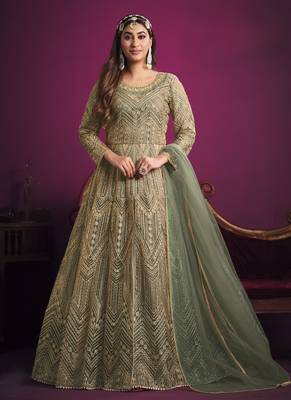 Sea green embroidery net anarkali suit 1