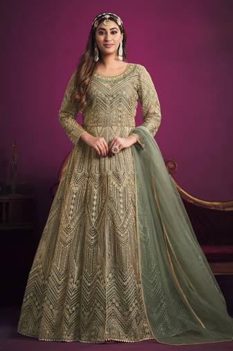 Sea green embroidery net anarkali suit