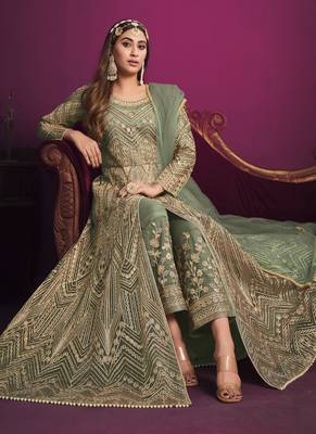 Sea green embroidery net anarkali suit 2
