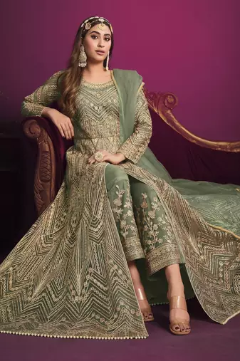 Sea green embroidery net anarkali suit