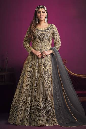 Grey embroidery net anarkali suit