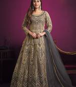 Grey embroidery net anarkali suit
