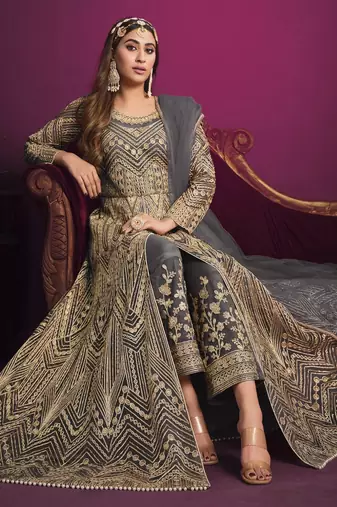 Grey embroidery net anarkali suit
