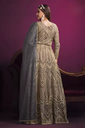Grey embroidery net anarkali suit