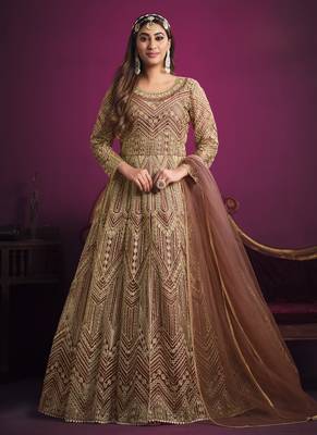 Peach embroidery net anarkali suit 1