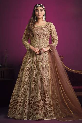 Peach embroidery net anarkali suit