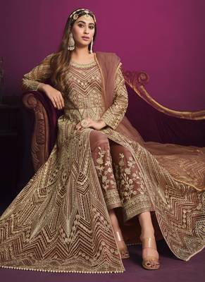 Peach embroidery net anarkali suit 2