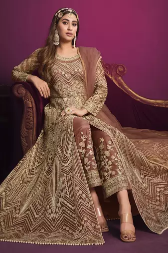 Peach embroidery net anarkali suit