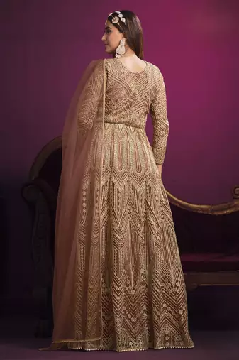Peach embroidery net anarkali suit