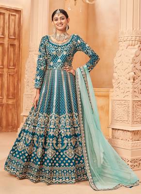 Teal embroidery art silk anarkali suit 1