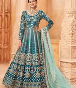 Teal embroidery art silk anarkali suit