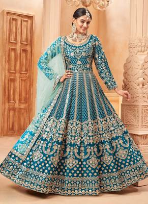 Teal embroidery art silk anarkali suit 2
