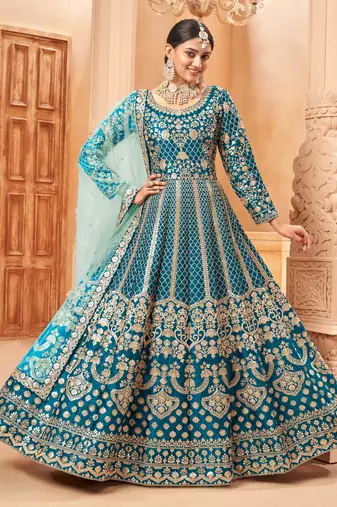 Teal embroidery art silk anarkali suit