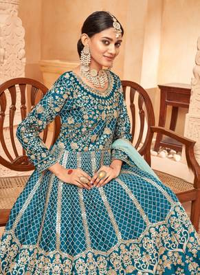 Teal embroidery art silk anarkali suit 3