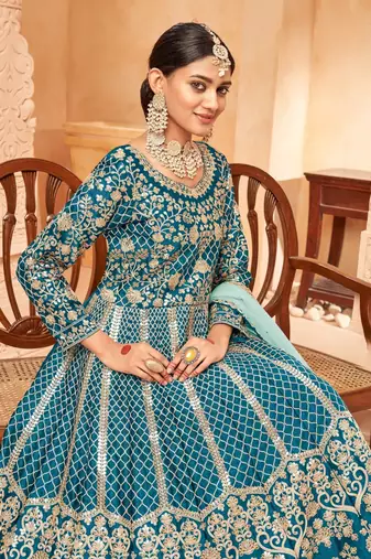 Teal embroidery art silk anarkali suit