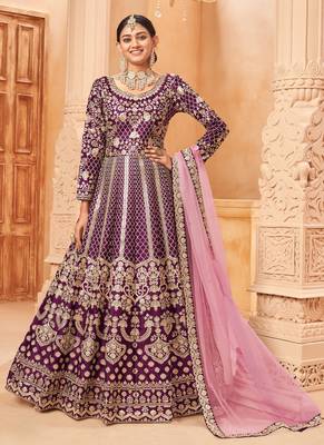 Wine embroidery art silk anarkali suit 1