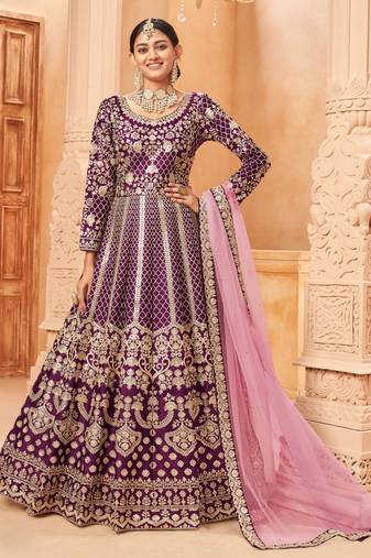 Wine embroidery art silk anarkali suit