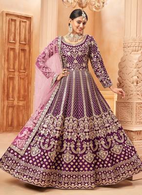 Wine embroidery art silk anarkali suit 2