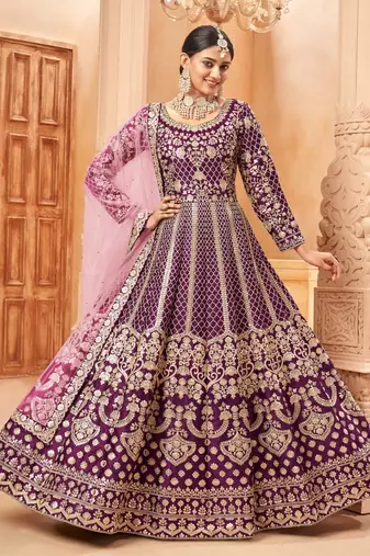 Wine embroidery art silk anarkali suit