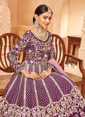 Wine embroidery art silk anarkali suit 3