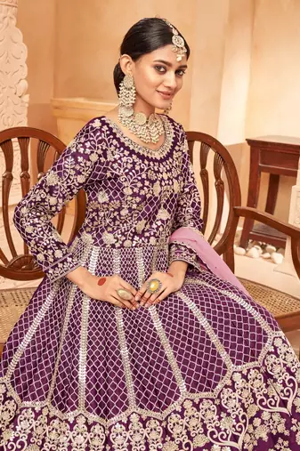 Wine embroidery art silk anarkali suit