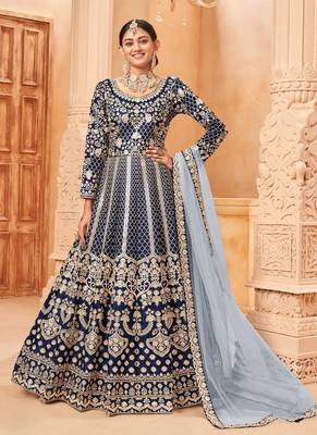 Blue embroidery art silk anarkali suit 1