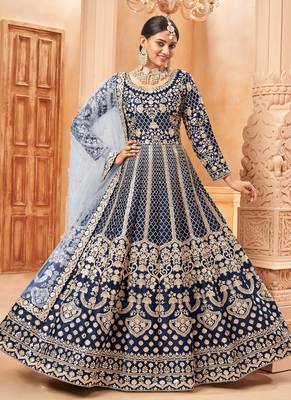 Blue embroidery art silk anarkali suit 2