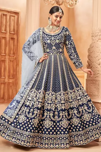 Blue embroidery art silk anarkali suit