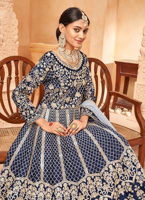 Blue embroidery art silk anarkali suit 3