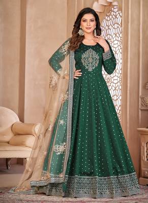 Green embroidery tafeta butti silk anarkali suit 1