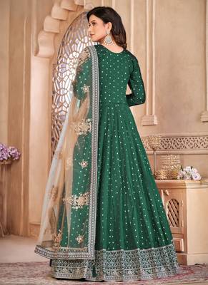 Green embroidery tafeta butti silk anarkali suit 2