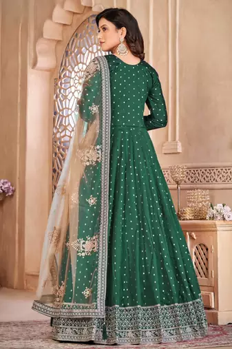 Green embroidery tafeta butti silk anarkali suit