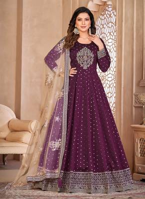 Wine embroidery tafeta butti silk anarkali suit 1
