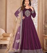 Wine embroidery tafeta butti silk anarkali suit