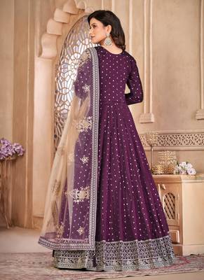Wine embroidery tafeta butti silk anarkali suit 2