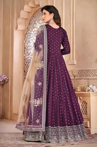 Wine embroidery tafeta butti silk anarkali suit