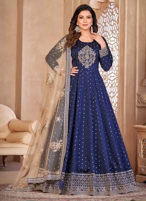 Blue embroidery tafeta butti silk anarkali suit 1