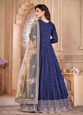 Blue embroidery tafeta butti silk anarkali suit 2