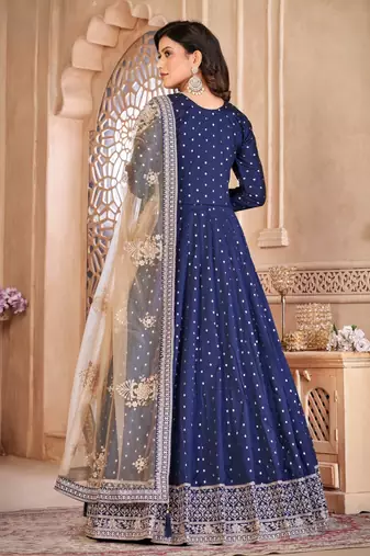 Blue embroidery tafeta butti silk anarkali suit