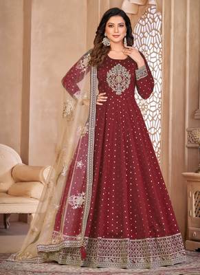 Red embroidery tafeta butti silk anarkali suit 1