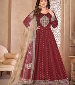 Red embroidery tafeta butti silk anarkali suit