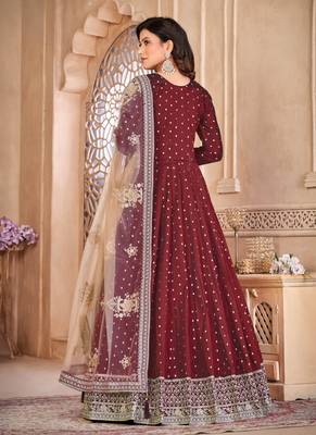 Red embroidery tafeta butti silk anarkali suit 2