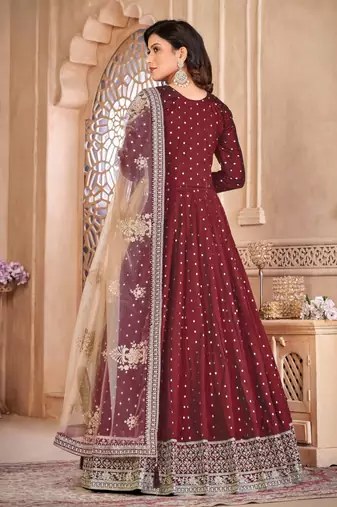 Red embroidery tafeta butti silk anarkali suit