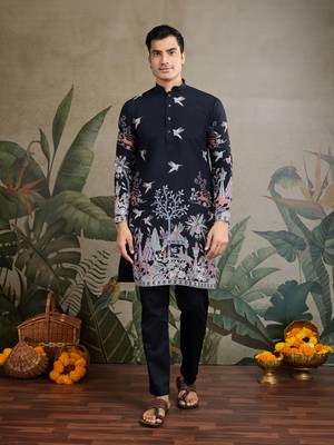black viscose silk thread & sequins embroidered straight kurta 1