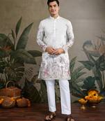 white viscose silk thread & sequins embroidered mens kurta