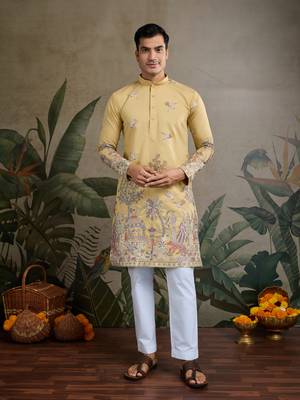 Yellow viscose silk thread & sequins embroidered work wedding festival marriage party wear straight mens kurta 1