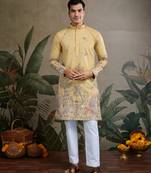 Yellow viscose silk thread & sequins embroidered work wedding festival marriage party wear straight mens kurta