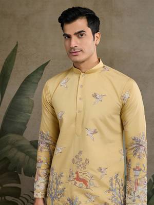 Yellow viscose silk thread & sequins embroidered work wedding festival marriage party wear straight mens kurta 2